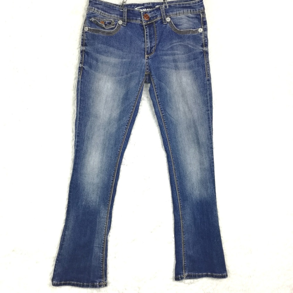 Seven7 Womens Jeans Rocker Slim Boot‎ Cut Blue Denim Flap Pocket Stone Wash 10